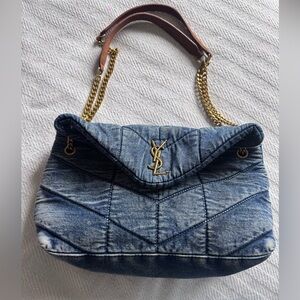 YSL Denim Quilted Shoulder Bag with Gold Chain